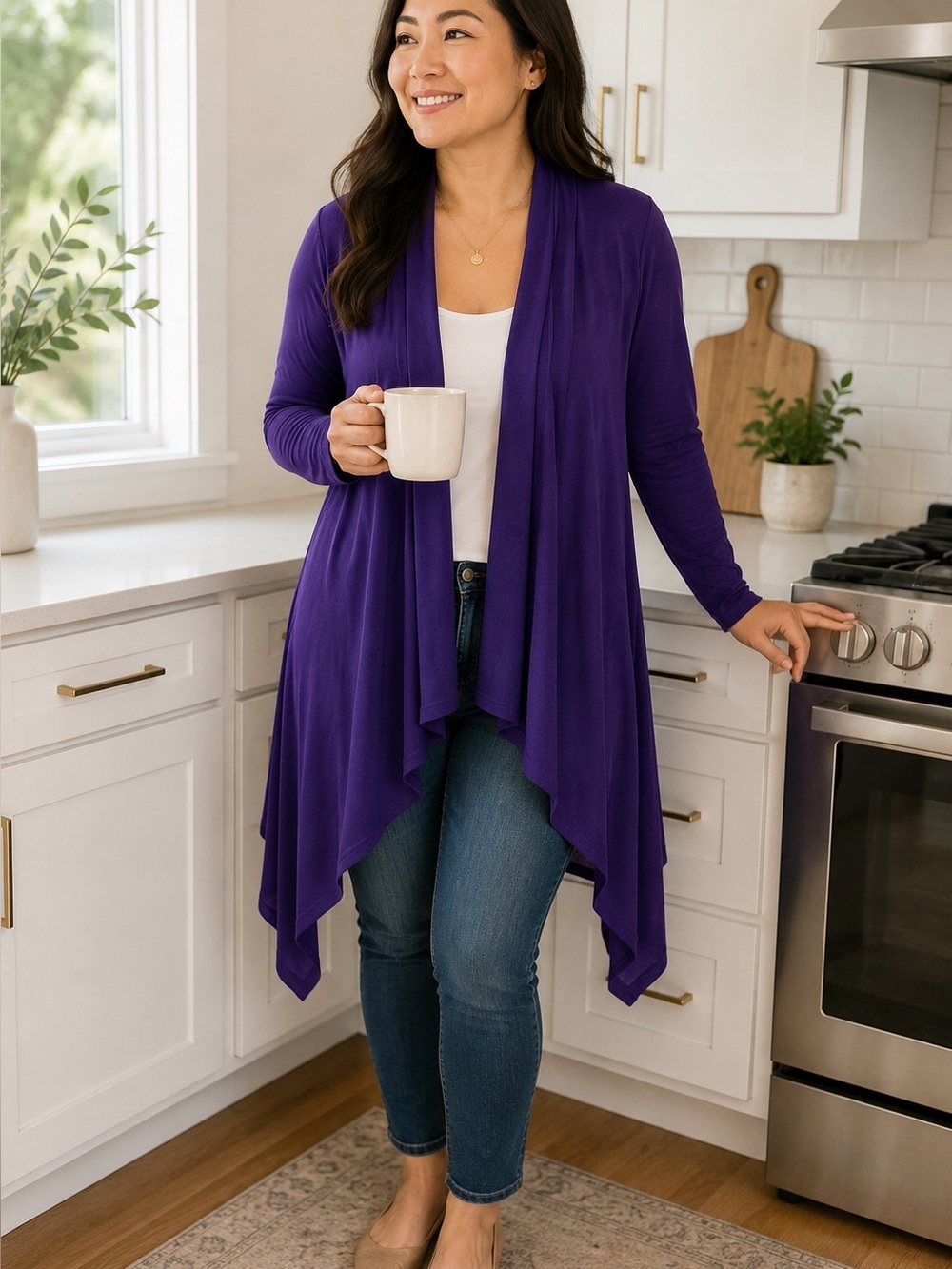 Azules Purple Draped Open Front Cardigan XL Lightweight Long Sleeve Layering